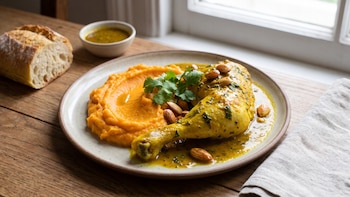 Receta de pollo a la cúrcuma con puré de batata, rápida y fácil