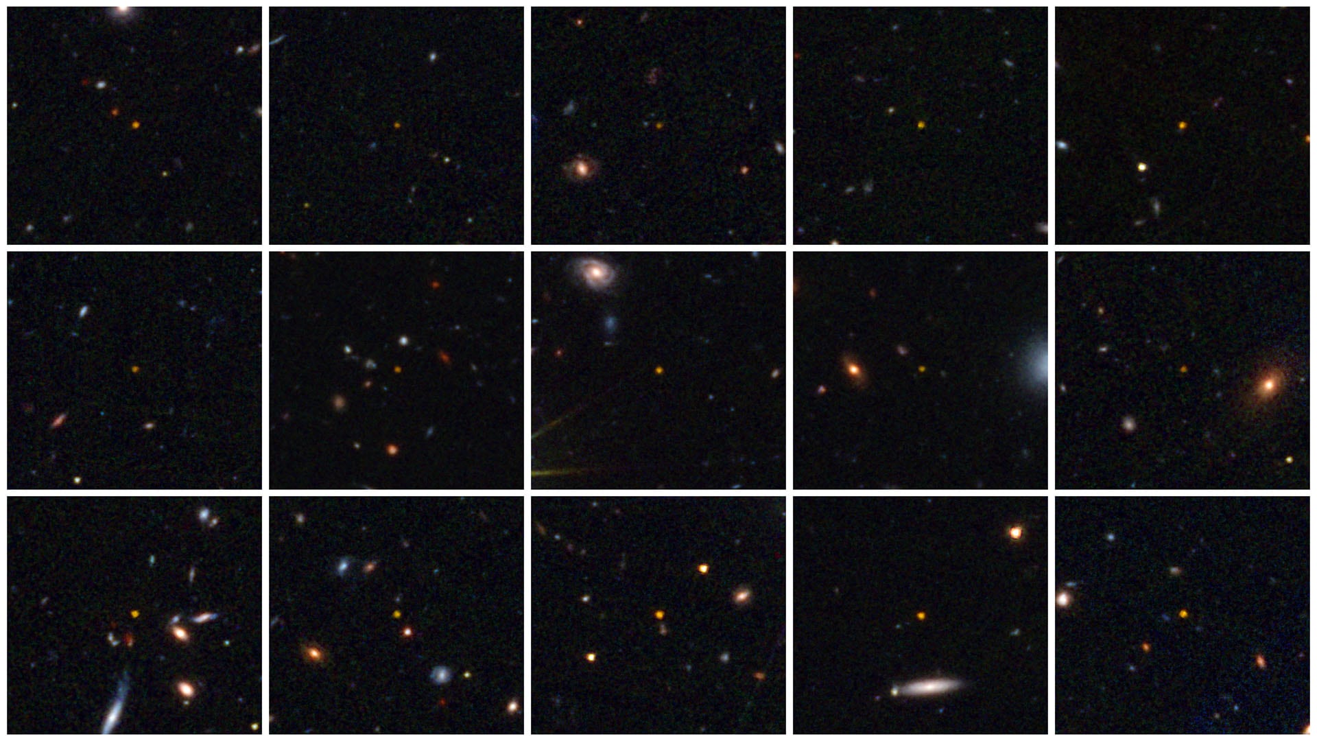 Una grilla de imágenes del telescopio espacial Euclid muestra los 31 cuásares antiguos detectados, cada uno identificado con una etiqueta alfanumérica única (ESA)