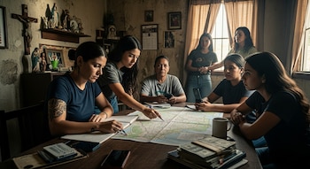 Seis mujeres alrededor de una mesa con un mapa, billetes, cuadernos y celulares. Una mujer señala el mapa, y objetos religiosos se ven al fondo.