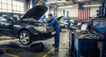 Un mecánico con mono azul inspecciona el motor de un coche negro elevado en un taller. Se ven herramientas, un portátil y la bandera de Estados Unidos.