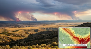 Uma paisagem desértica no oeste dos Estados Unidos com vegetação árida. Um raio atinge um incêndio florestal no horizonte, sob um céu nublado. Um mapa de risco de incêndio.