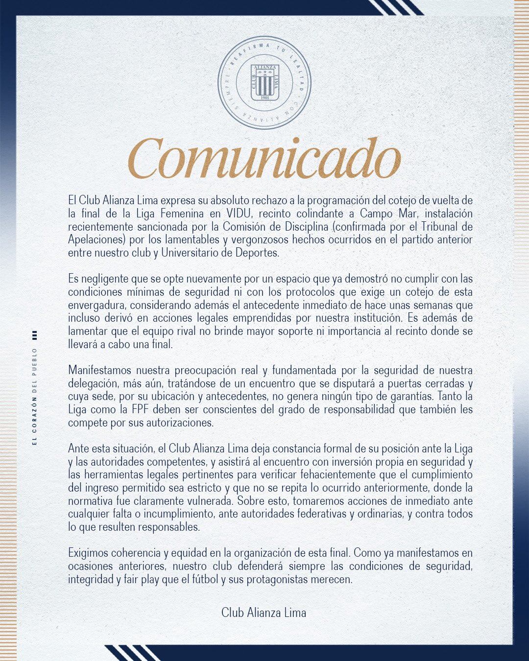 Comunicado de Alianza Lima por la final de la Liga Femenina 2025