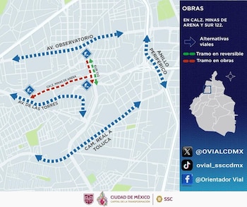 El tránsito local se mantiene entre la 4ta cerrada de Acueducto y Avenida de las Torres. Sobre Avenida de las Torres se habilita un carril reversible desde Avenida Río Tacubaya hasta Calle 2 (@OVIALCDMX)