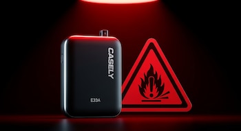 Batería externa Casely Power Pod E33A negra con bordes brillantes y un gran signo de advertencia rojo de peligro de incendio, sobre un fondo oscuro con luz roja cenital.