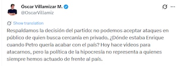 Villamizar defendió al expresidente Álvaro Uribe y rechazó que Enrique Gómez pretenda convertirlo en un “enemigo de Colombia” - crédito @OscarVillamiz/X
