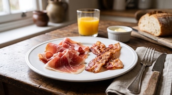 Plato blanco con lonchas de jamón y tocino sobre una mesa de madera junto a cubiertos, un vaso con zumo de naranja, mantequilla y pan.