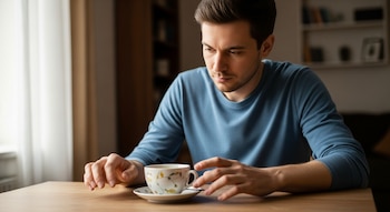 Joven con camiseta azul sentado frente a una taza de té en una mesa de madera, con las manos suspendidas cerca, una ventana a la izquierda y una estantería detrás.