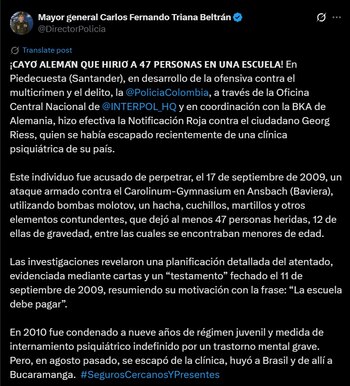 El proceso de extradición avanza tras la captura del ciudadano alemán, quien escapó de una clínica psiquiátrica y fue hallado en Bucaramanga, reafirmando la cooperación global contra el crimen transnacional - crédito captura de pantalla / X