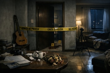 Interior de un departamento desordenado de noche en Lima, con cinta policial amarilla cruzando una puerta, un charco oscuro y marcadores forenses en el suelo.