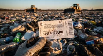 Una mano enguantada sostiene un billete de lotería de un millón de euros en un vertedero. Hay residuos y dos máquinas excavadoras borrosas al fondo.