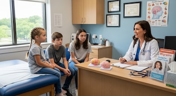 Neuróloga sonriente escribe frente a tres niños y adolescentes sentados en una consulta, con modelos de cerebro, folletos de migraña y un estetoscopio.