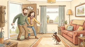 Ilustración de una pareja asustada al entrar a su casa y ver una cucaracha con sombrero en su sala, que tiene un sofá, alfombra y ventana.