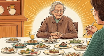 Ilustración de un adulto mayor sentado a una mesa de madera con numerosos platos pequeños de comida variada y una persona con palillos en primer plano.