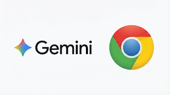 Los logotipos de Gemini (una estrella multicolor y el texto negro "Gemini") y Google Chrome (un círculo rojo, amarillo, verde y azul) sobre fondo blanco.