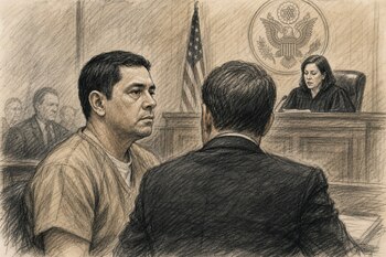 Dibujo judicial de un hombre con traje de prisionero junto a su abogado ante una jueza en un tribunal de Estados Unidos.