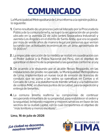Documento oficial con el título COMUNICADO, texto informativo sobre recuperación de un predio en Santa Anita, Lima, y el logo de la Municipalidad de Lima