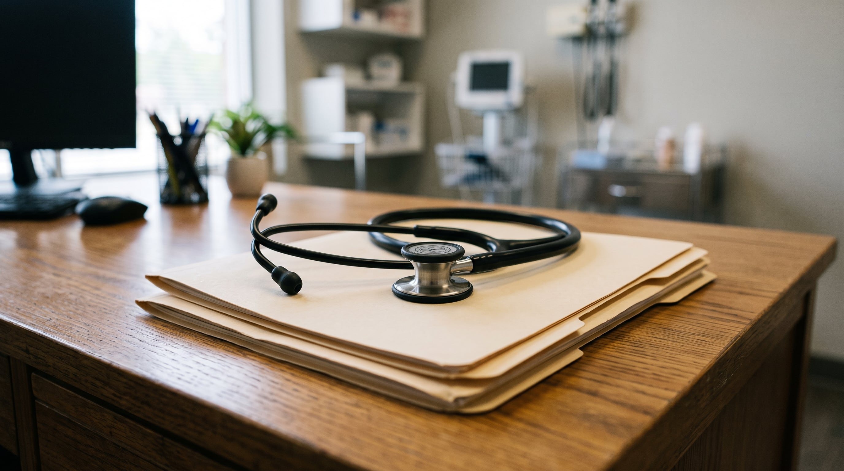 Un estetoscopio reposa sobre carpetas de archivos sobre un escritorio de madera dentro de un consultorio médico. (Imagen Ilustrativa Infobae)