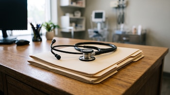 Un estetoscopio negro descansa sobre carpetas de papel en un escritorio, con un monitor y equipo médico al fondo.