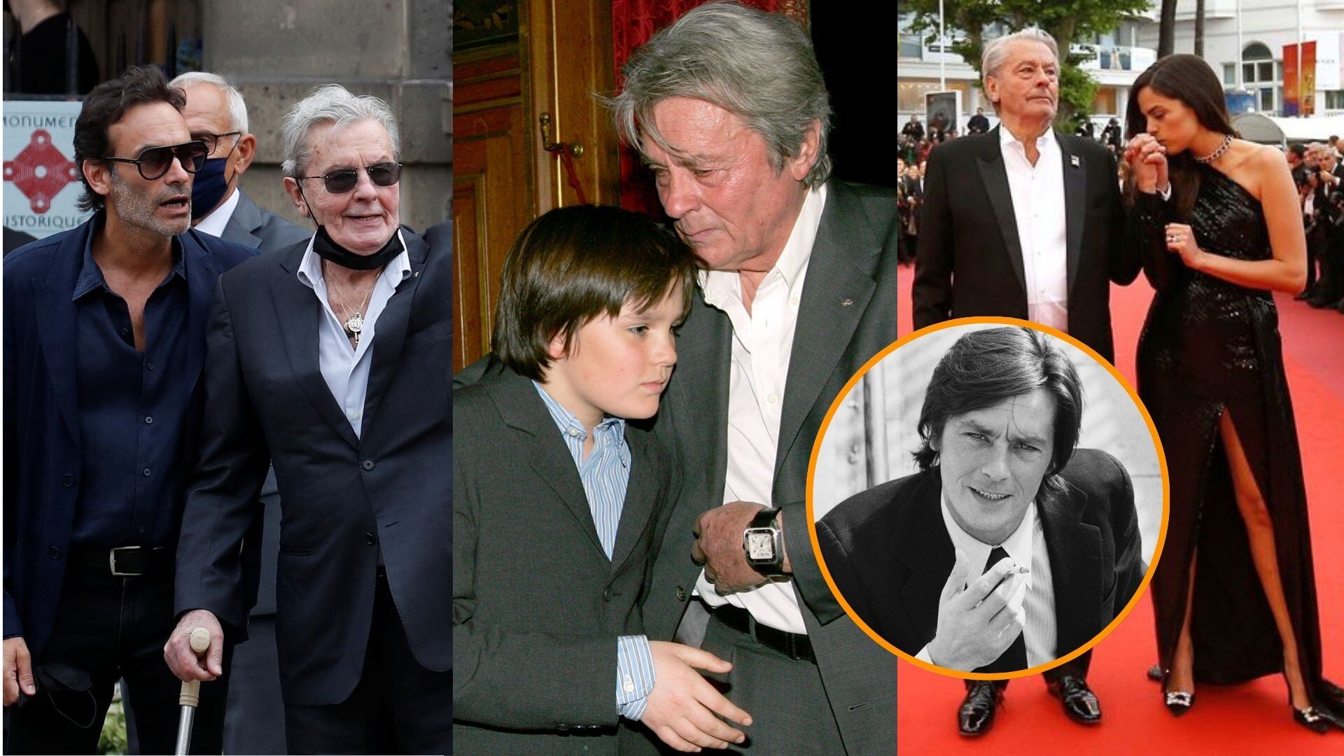 Alain Delon y sus tres hijos: Anthony, Anouchka y Alain-Fabien Delon. (Montaje Infobae España)