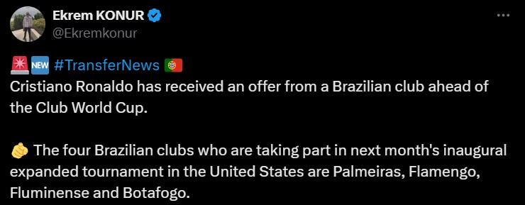 Cristiano Ronaldo interesa en Brasil a Palmeiras, Botafogo, Fluminense y Flamengo, de cara al Mundial de Clubes - crédito @Ekremkonur/X