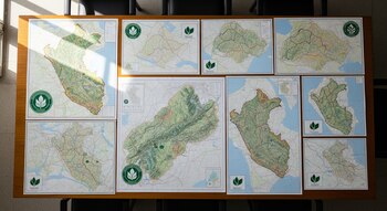 Nueve mapas de áreas naturales protegidas de Perú están desplegados sobre una mesa de madera. Los mapas presentan símbolos de hojas y sellos institucionales verdes.