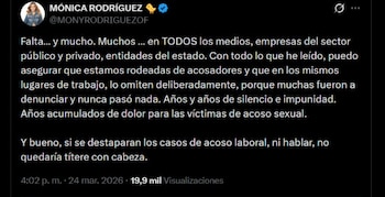 Mónica Rodríguez denunció en redes sociales que el acoso sexual en Colombia afecta a todos los medios, empresas y entidades, y que los casos reconocidos serían la punta del iceberg - crédito @MONYRODRIGUEZOF / X