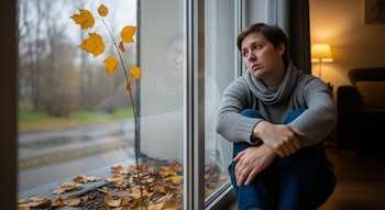 Una mujer con suéter gris y jeans azules está sentada en el suelo junto a una ventana, mirando hacia afuera. En el alféizar hay hojas secas y una rama con hojas amarillas.