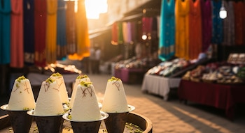 Postres kulfi en moldes metálicos cónicos decorados con pistachos y azafrán, con un mercado indio de telas coloridas al fondo durante el atardecer.