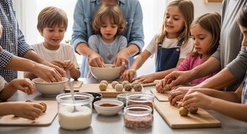 Múltiples manos de niños y adultos mezclan ingredientes y forman trufas de galleta sobre una mesa de cocina con bowls de coco, cacao y granas.