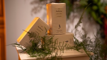 Primer plano de tres cajas de perfume de color beige, etiquetadas "Nº1 historias" y "Nº3 historias", rodeadas de follaje verde y delicado