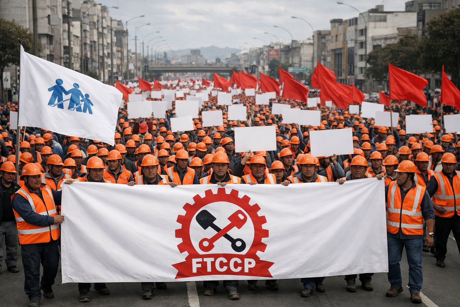 Una marcha multitudinaria de trabajadores de construcción civil, identificados con los logos de la FTCCP y EsSalud, recorre una avenida en Lima. (Imagen Ilustrativa Infobae)