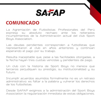 Comunicado de la SAFAP sobre los incumplimientos de Sport Boys.