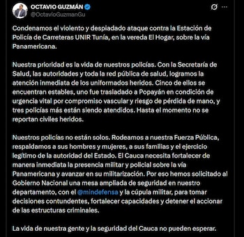 El gobernador del Cauca, Octavio Guzmán, solicitó la militarización de la vía Panamericana tras un atentado contra la policía en Piendamó - crédito @OctavioGuzmanGu / X