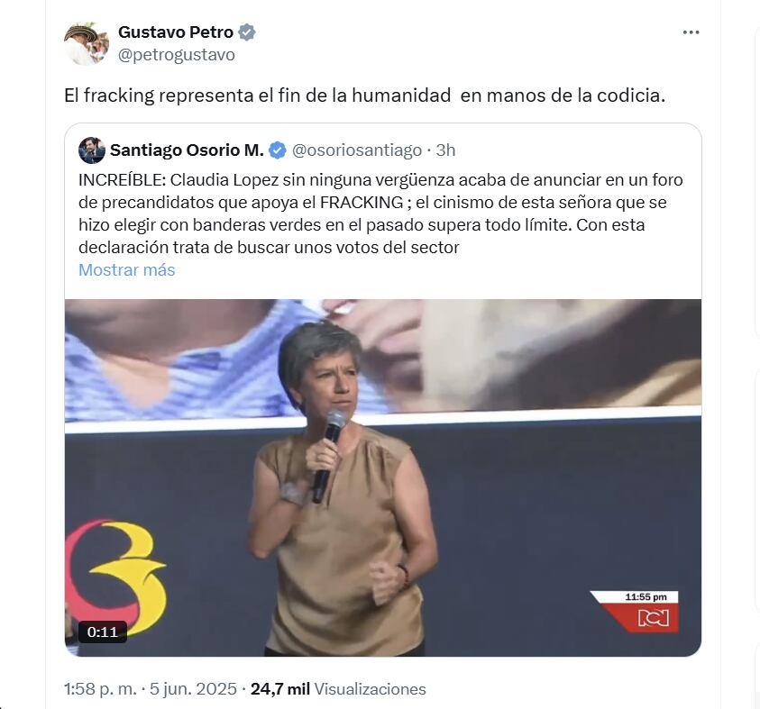 El presidente Gustavo Petro criticó propuesta de Claudia López de recurrir al fracking para la extracción de recursos - crédito @petrogustavo/X