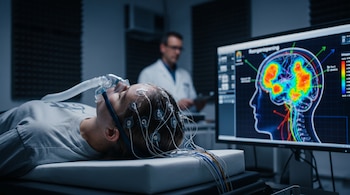 Una persona yace sedada con una máscara de oxígeno y electrodos en la cabeza. Un médico observa un monitor con un mapa de actividad cerebral.