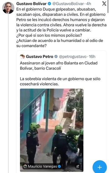 Gustavo Bolívar cuestionó a la Policía tras la muerte de Donovan Balanta - crédito @GustavoBolivar/X