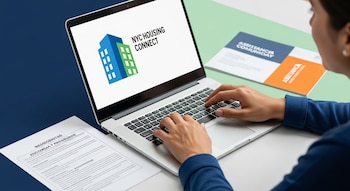 Manos de una persona escribiendo en una laptop, con el logo de NYC Housing Connect en la pantalla, y documentos sobre una mesa.
