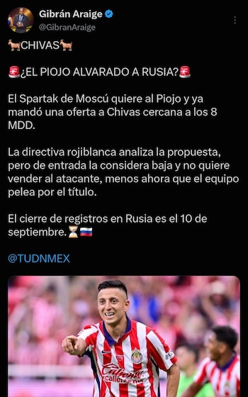 De acuerdo con información de Gibran Araige, la directiva rojiblanca analiza el planteamiento del club moscovita, aunque considera que la cifra ofrecida está por debajo de sus expectativas (Captura de pantalla)