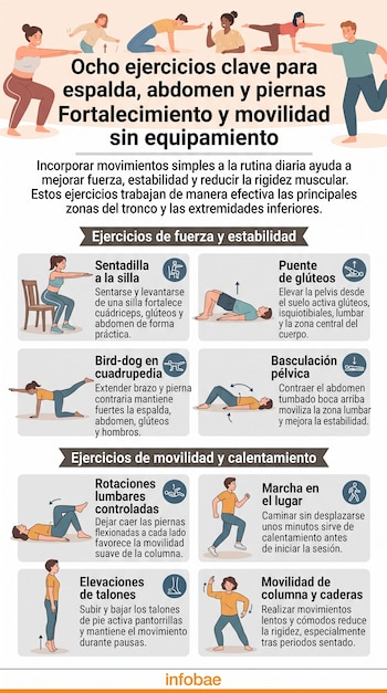 Infografía con ilustraciones de personas realizando ocho ejercicios físicos con explicaciones breves en texto y el logotipo de Infobae.