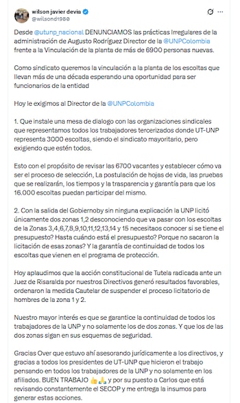 Wilson Javier Devia Pérez, representante legal de la organización sindical UT UNP, denunció presuntas prácticas irregulares de la administración de Augusto Rodríguez en la UNP - crédito @wilsond1980/X