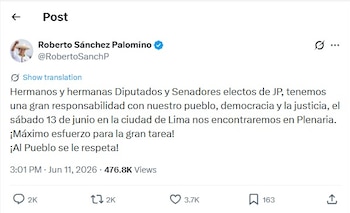 Captura de pantalla de un tuit de Roberto Sánchez Palomino que invita a una plenaria en Lima, mostrando el texto del mensaje y métricas de interacción