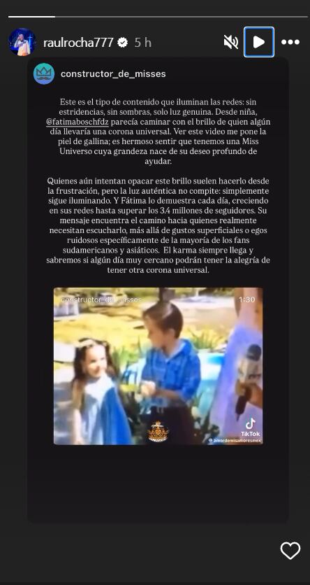 Raúl Rocha Cantú respaldó a Fátima Bosch en medio de reportes de que él enfrenta una investigación de la FGR. (@raulrocha777, Instagram)