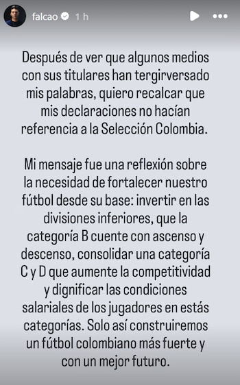Falcao aclaró que su mensaje buscaba impulsar cambios en las divisiones inferiores del fútbol colombiano. - crédito @Falcao/Instagram