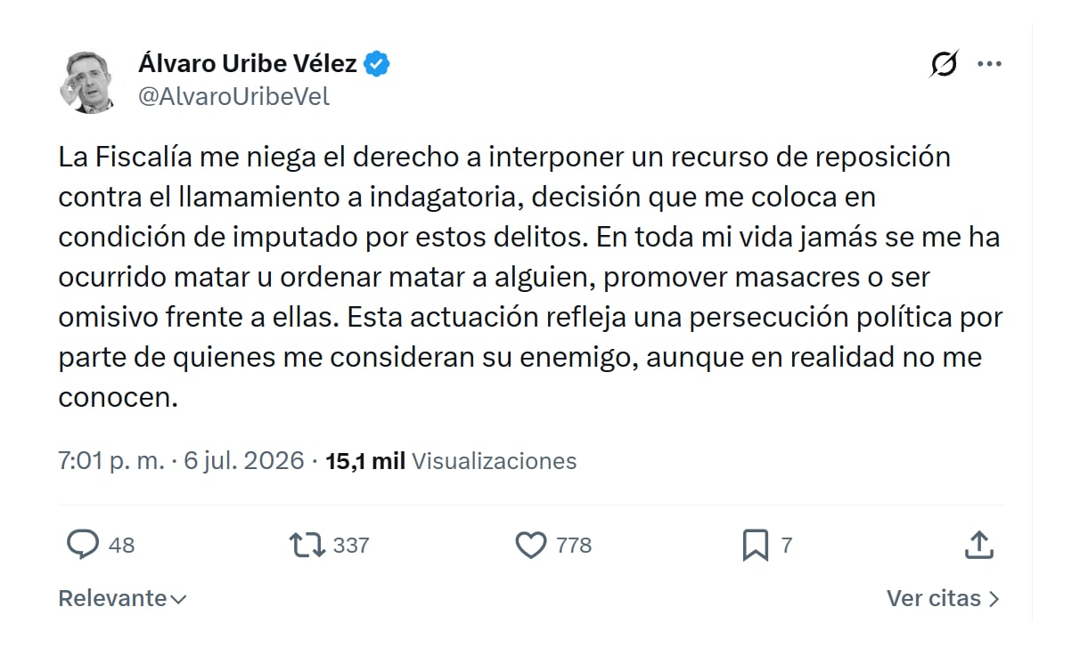 Con este mensaje en X, el expresidente Álvaro Uribe indicó que la Fiscalía le negó interponer un recurso de reposición a la decisión de la Fiscalía de citarlo a indagatoria - crédito @alvarouribevel/X