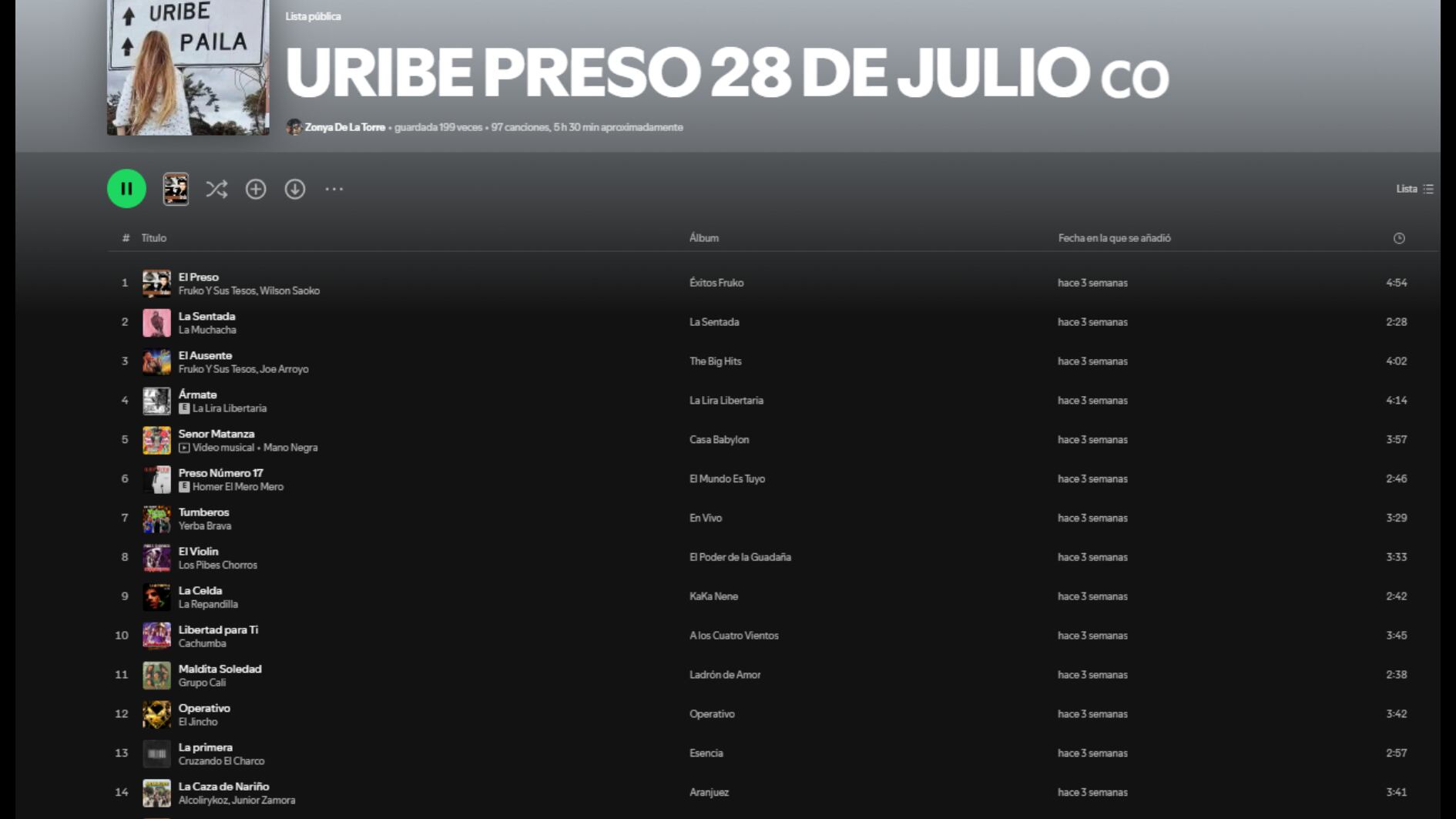 Esta lista suma 5 horas y 30 minutos de éxitos musicales - crédito Spotify Colombia