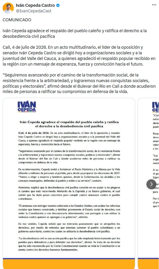 Iván Cepeda ratificó la desobediencia civil pacífica en Cali y llamó a defender derechos sociales - crédito @IvanCepedaCast/X