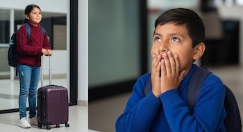 Una niña con mochila azul y maleta morada en un aeropuerto, junto a un niño con su mochila azul que se cubre la boca con ambas manos.