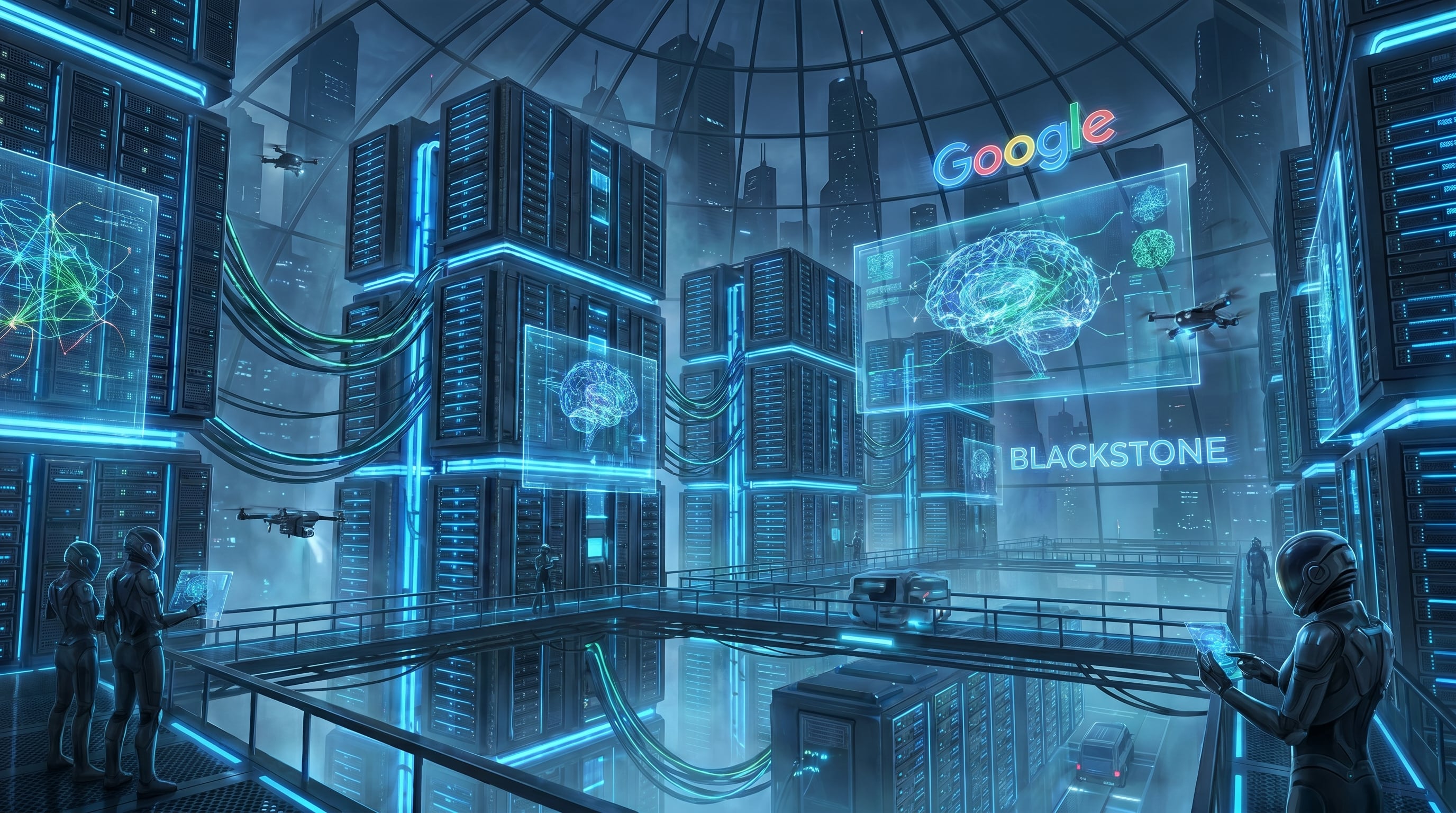 Una ilustración futurista muestra un gigantesco centro de datos de inteligencia artificial operado por Google y Blackstone, con servidores iluminados en azul, cables de alta velocidad y pantallas holográficas que exhiben redes neuronales. (Imagen Ilustrativa Infobae)