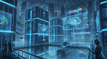 Ilustración futurista de un centro de datos de Google y Blackstone con servidores iluminados en azul, pantallas holográficas y figuras humanoides.