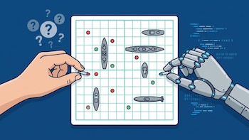 Ilustración de vista superior de un tablero de Batalla Naval donde una mano humana y una mano robótica colocan fichas, con signos de interrogación y código